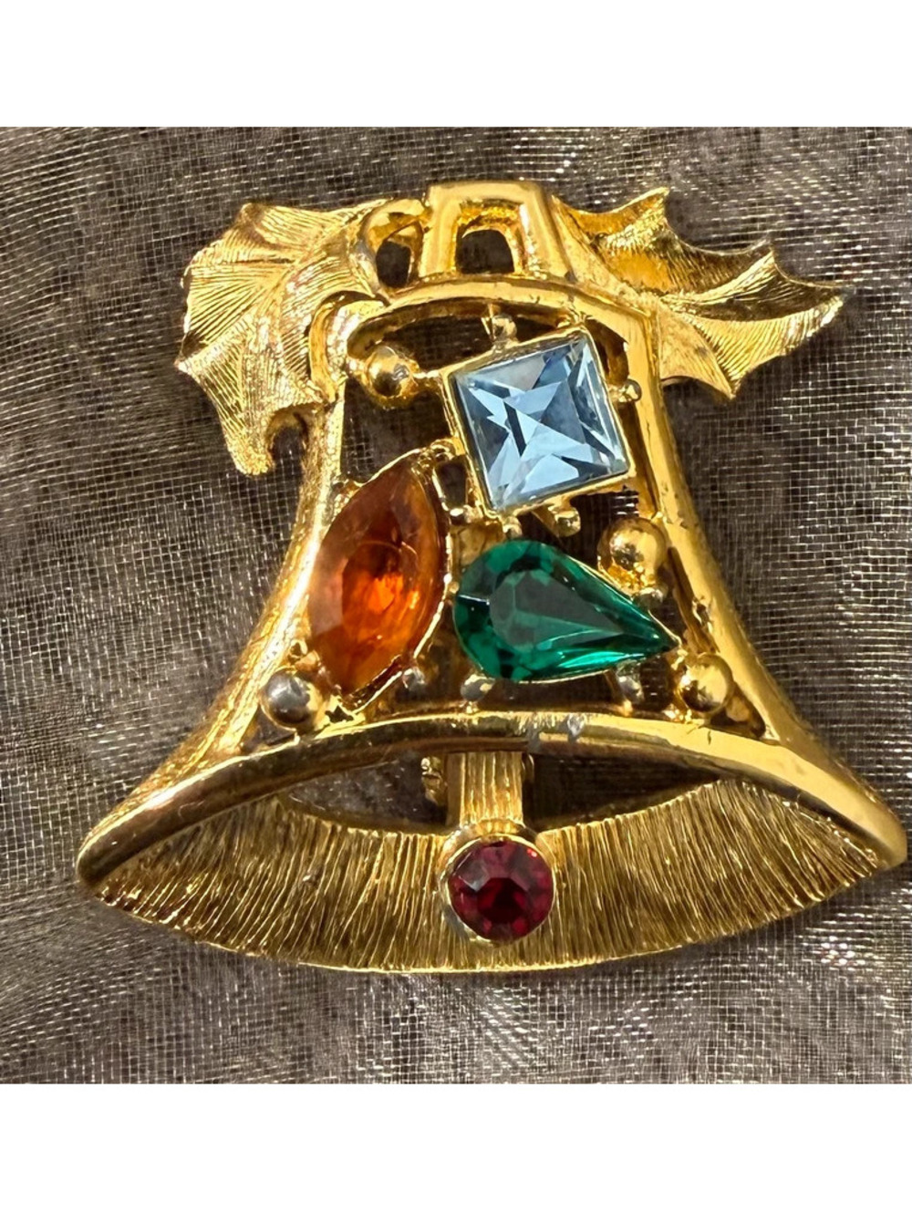 Vintage Christmas Bell Brooch Gold Tone with Rhinestone Colorful Holiday Jewelry